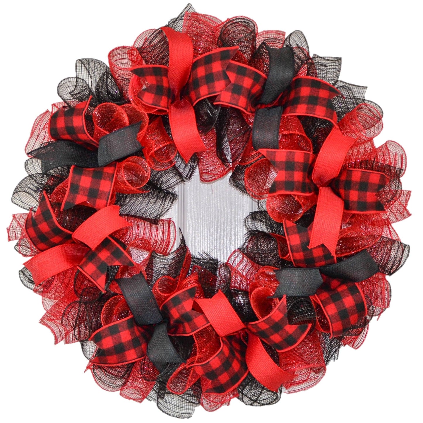 Farmhouse Buffalo Plaid Wreath - Front Door Outdoor Mesh Christmas Decor- White Red Black Burlap - Pink Door Wreaths