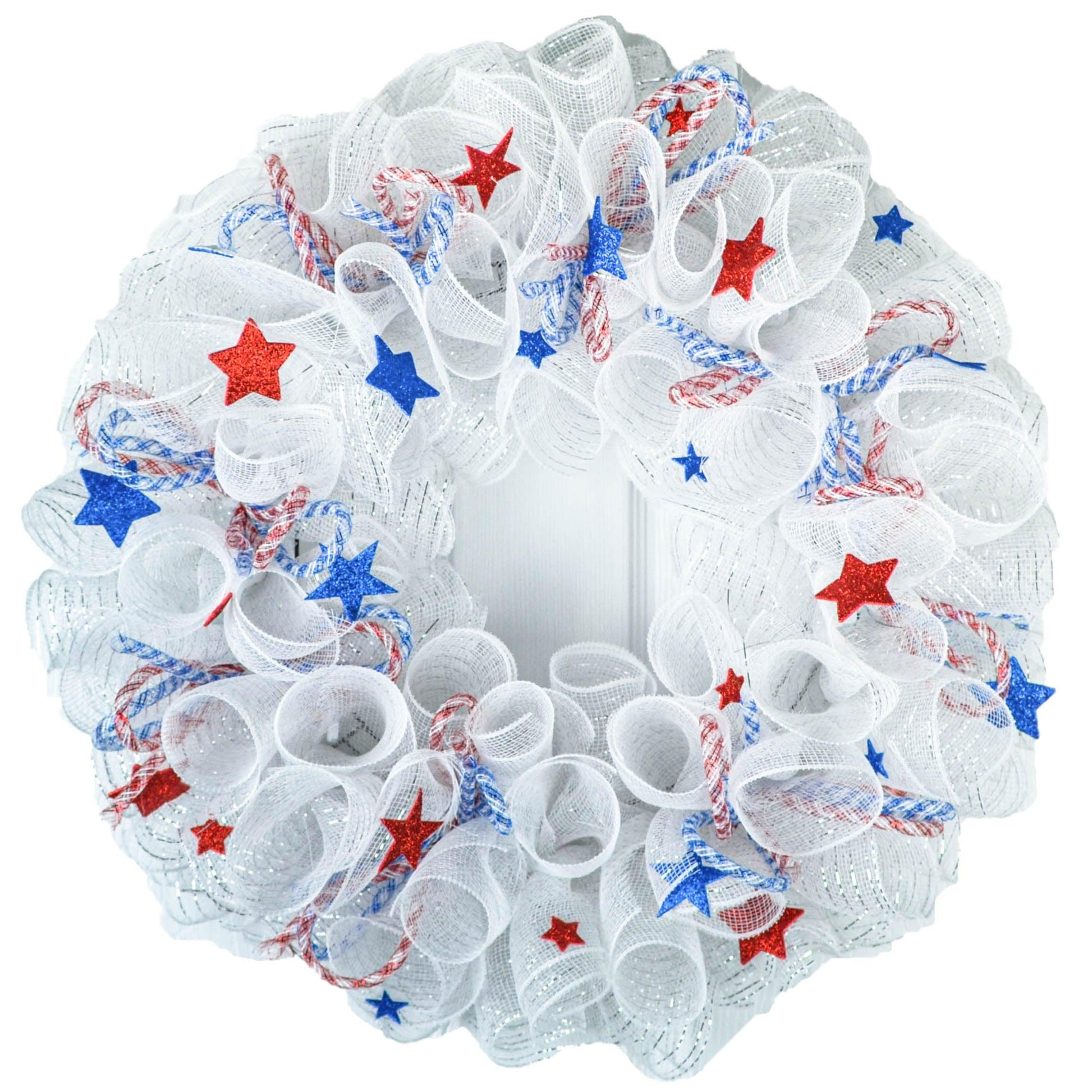 Flag American Fourth of July Independence Day Mesh Door Wreath - Red White Royal Blue Stars - Pink Door Wreaths