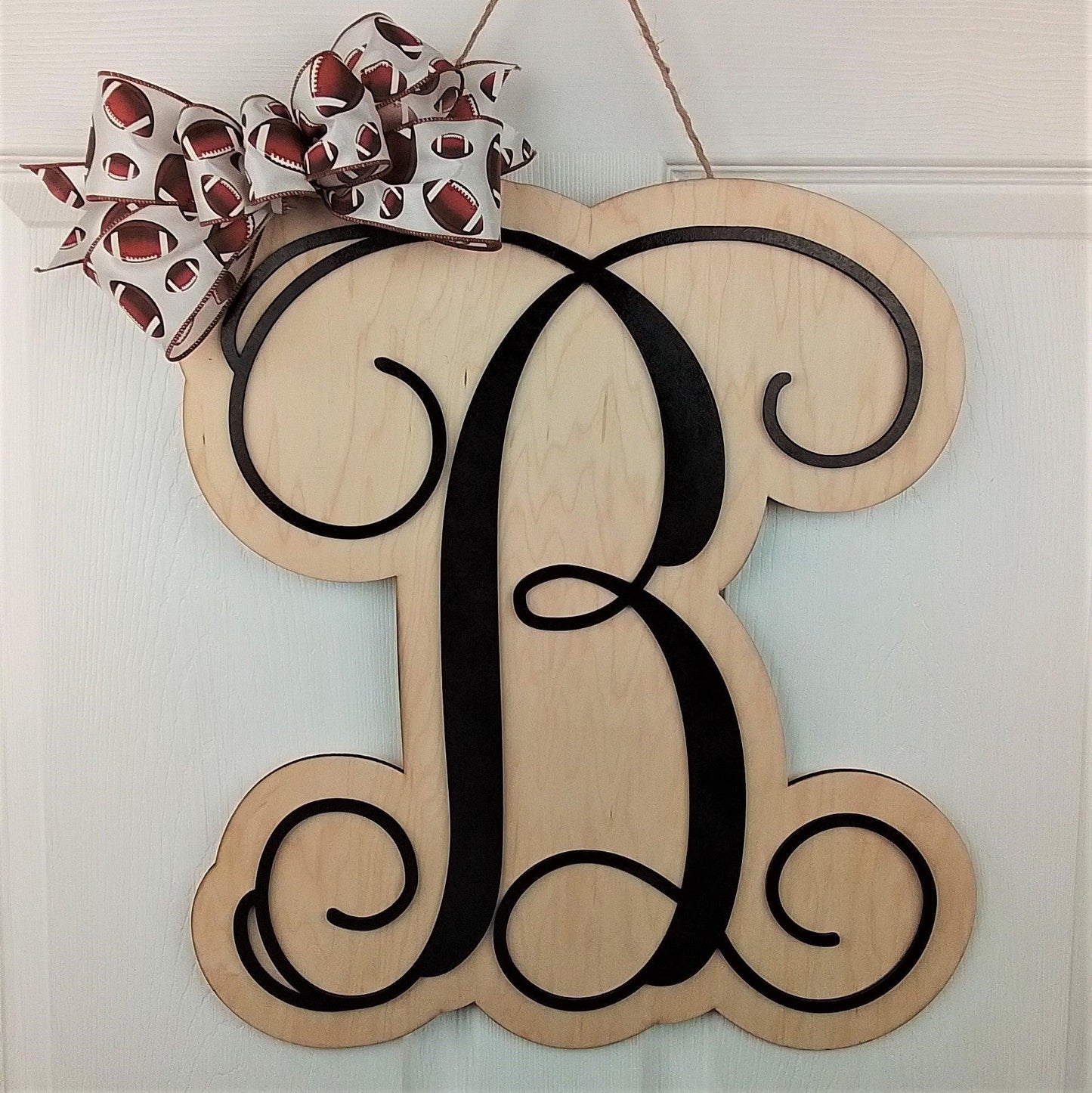 Football Door Hanger, Wooden Monogram Wreath, Letter, Initial, Monogrammed, Customized - Pink Door Wreaths