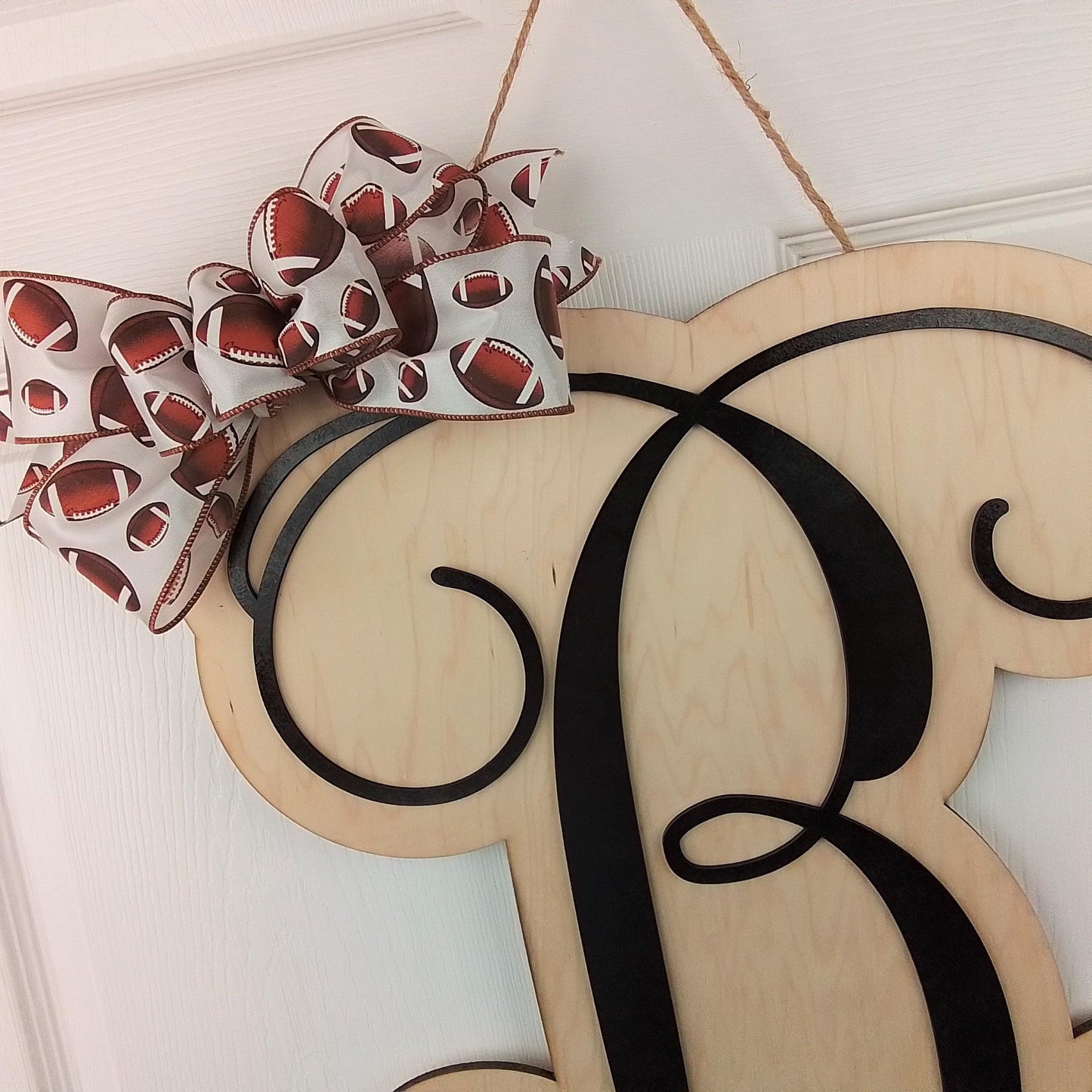 Football Door Hanger, Wooden Monogram Wreath, Letter, Initial, Monogrammed, Customized - Pink Door Wreaths