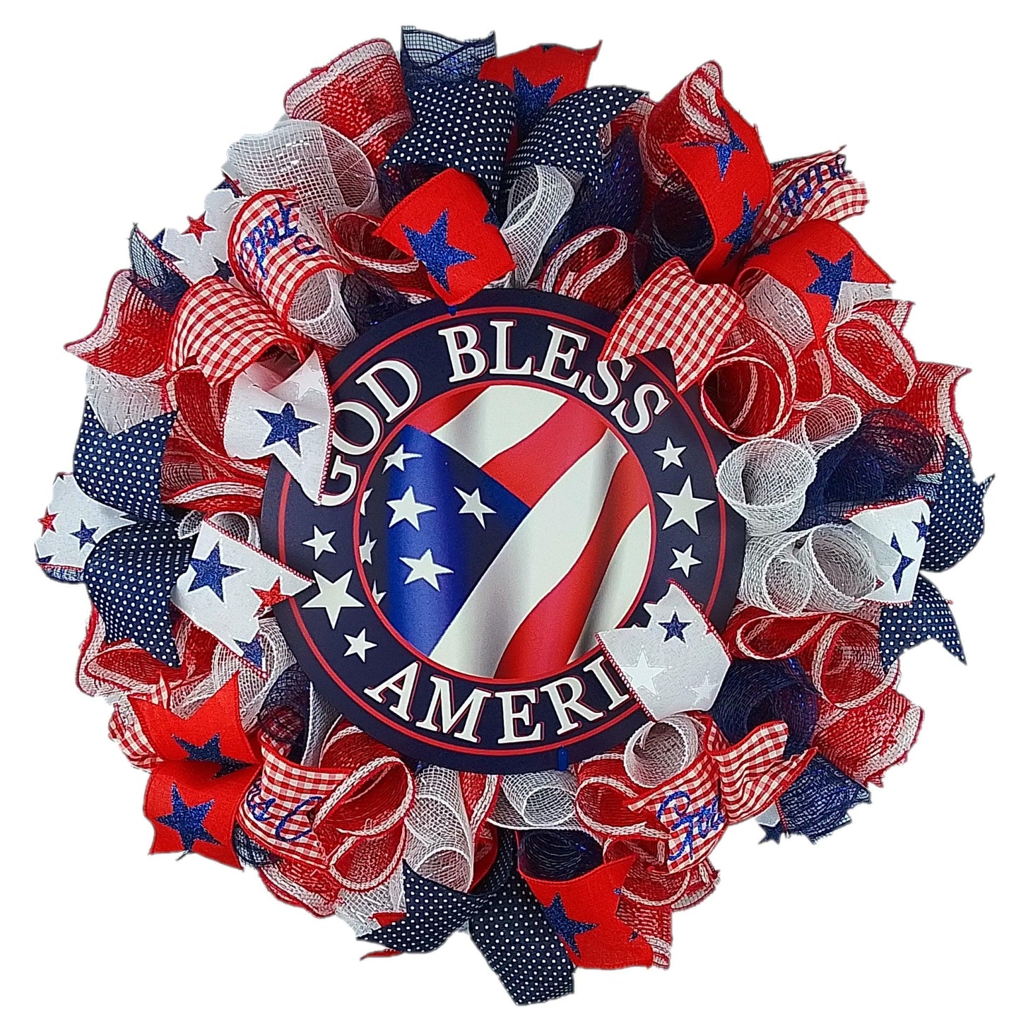 Fourth of July Independence Day Mesh Door Wreath; red white blue; God Bless America - Pink Door Wreaths