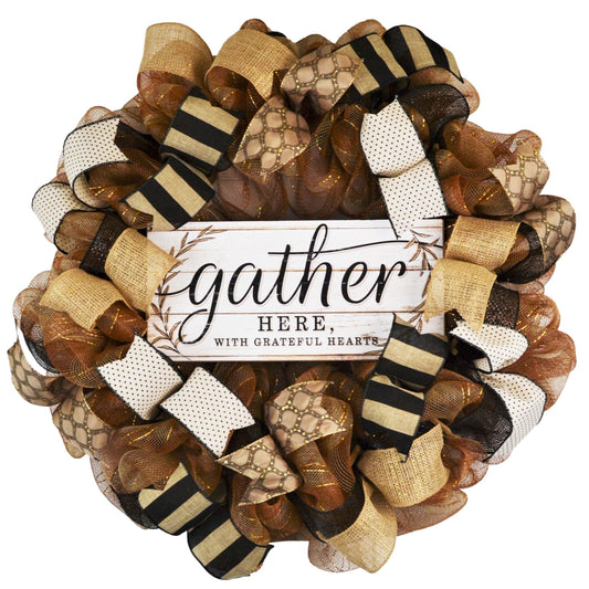 Gather Here Wreath | Fall Mesh Door Wreath | Thanksgiving Brown Ivory Black - Pink Door Wreaths