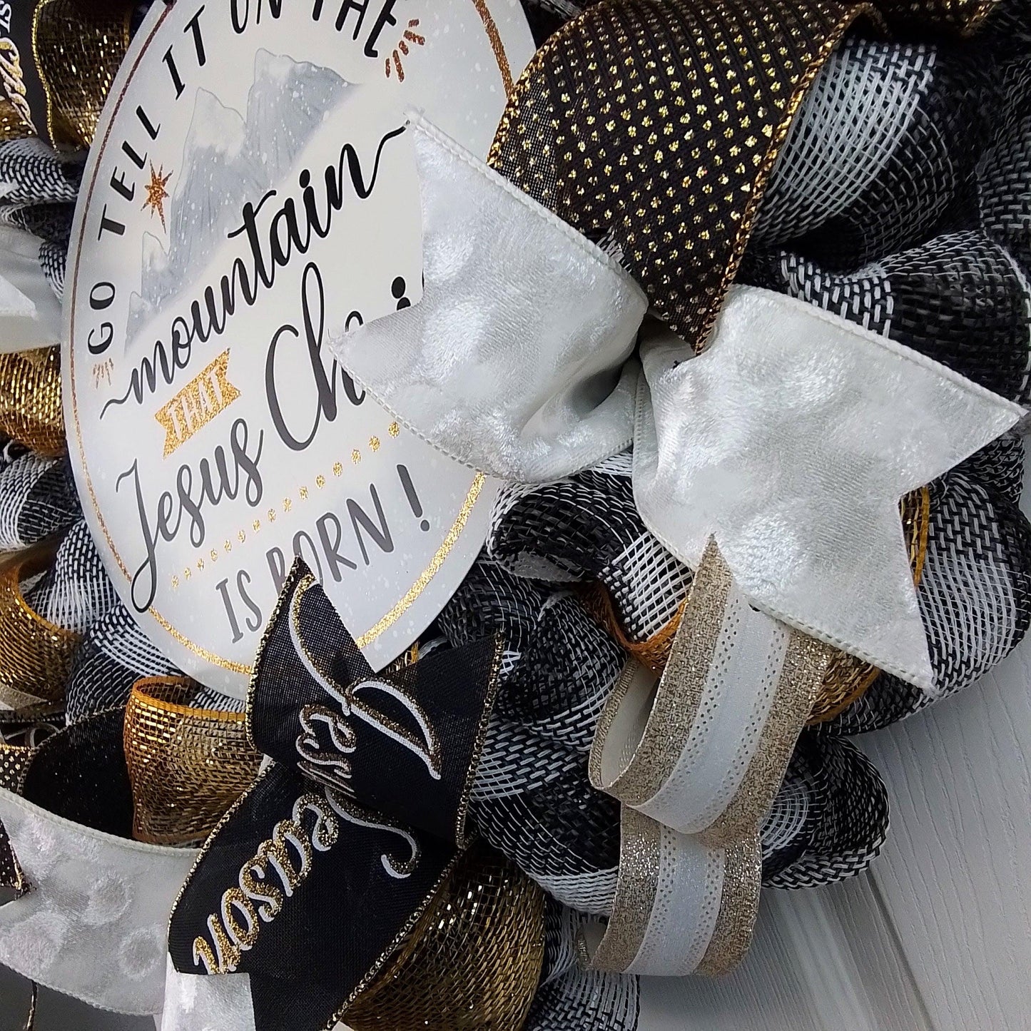 Go Tell it on the Mountain that Jesus Christ is Born Christmas Wreath - Church Christian Religious Front Door Wreath - Black Gold White Farmhouse - Pink Door Wreaths