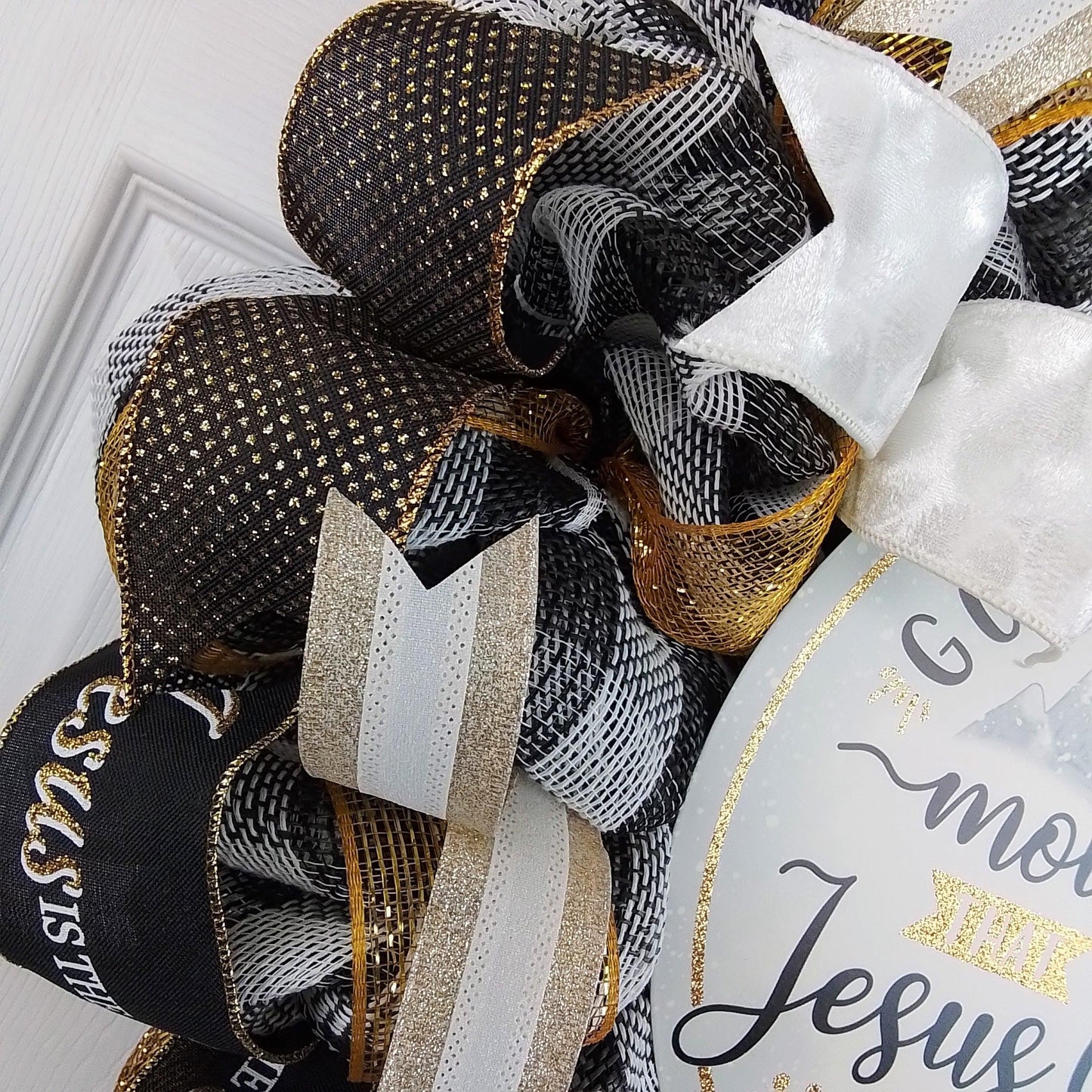 Go Tell it on the Mountain that Jesus Christ is Born Christmas Wreath - Church Christian Religious Front Door Wreath - Black Gold White Farmhouse - Pink Door Wreaths