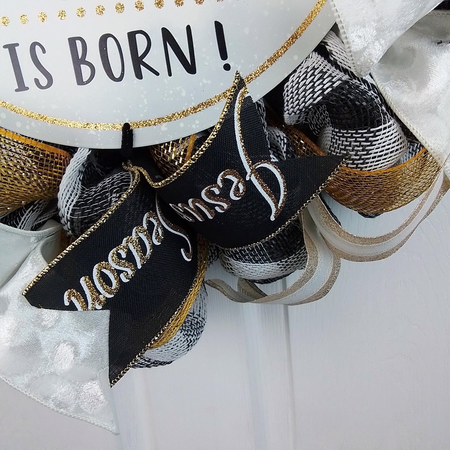 Go Tell it on the Mountain that Jesus Christ is Born Christmas Wreath - Church Christian Religious Front Door Wreath - Black Gold White Farmhouse - Pink Door Wreaths