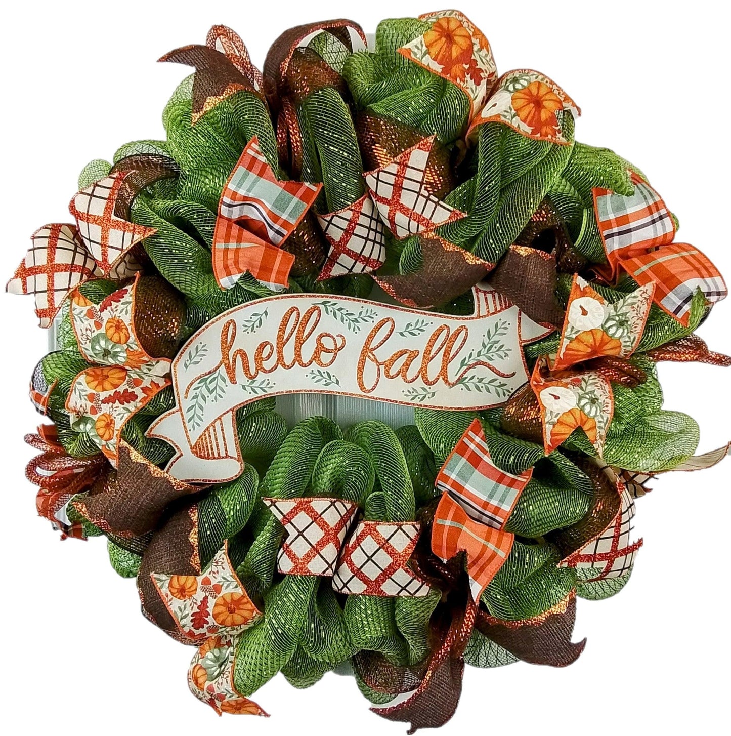 Hello Fall Welcome Autumn Thanksgiving Front Door Outdoor Mesh Wreath; Moss Green Orange Brown - Pink Door Wreaths