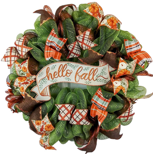 Hello Fall Welcome Autumn Thanksgiving Front Door Outdoor Mesh Wreath; Moss Green Orange Brown - Pink Door Wreaths