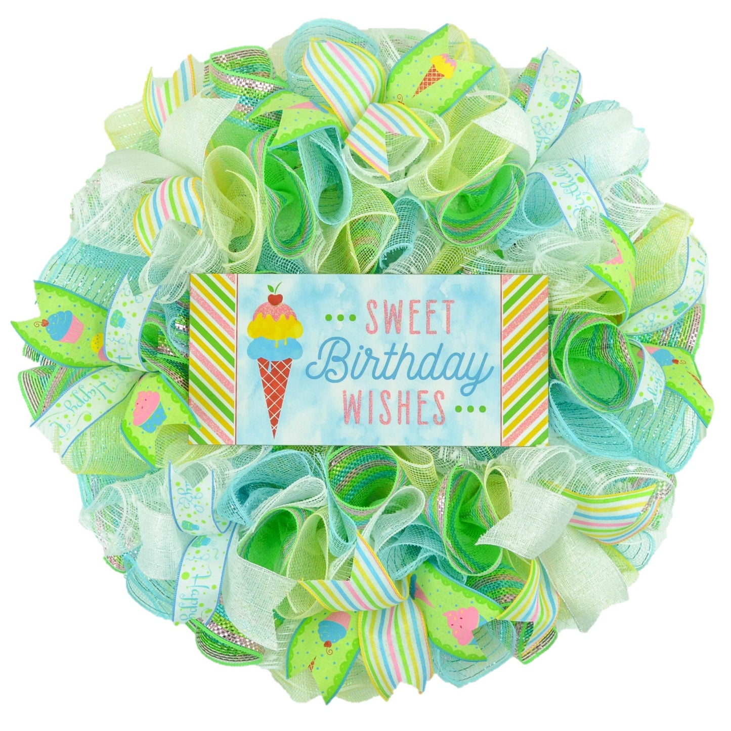 Ice Cream Birthday Wreath for Front Door - Everyone Happy Birth Day Decor - Pastel Family Pink Red Blue White Yellow Gold - Pink Door Wreaths