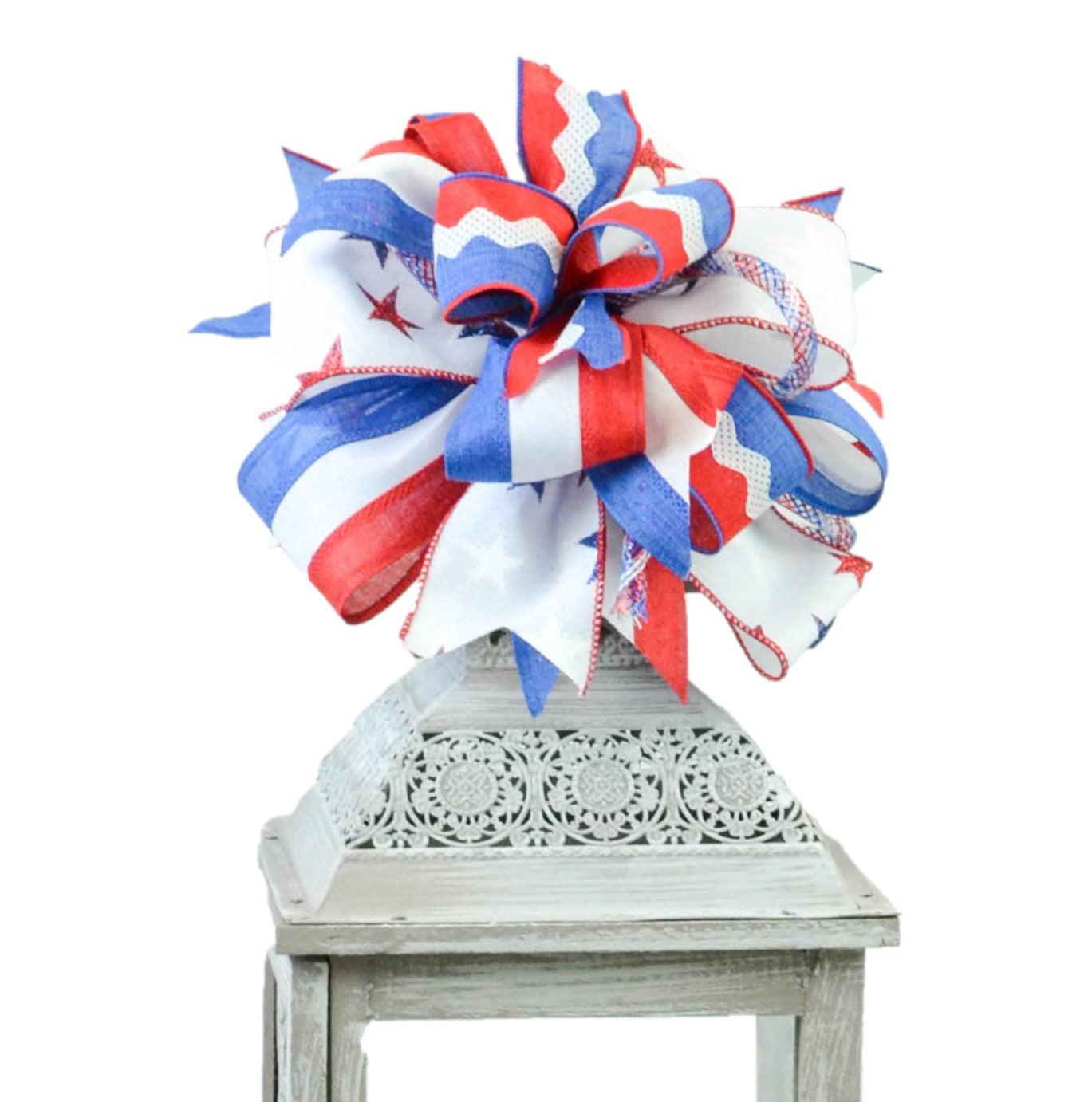 Lantern Wreath Bow - Burlap Wreath Embellishment for Making Your Own - Layered Full Handmade Farmhouse Already Made (4th of July (Stripes) - Pink Door Wreaths