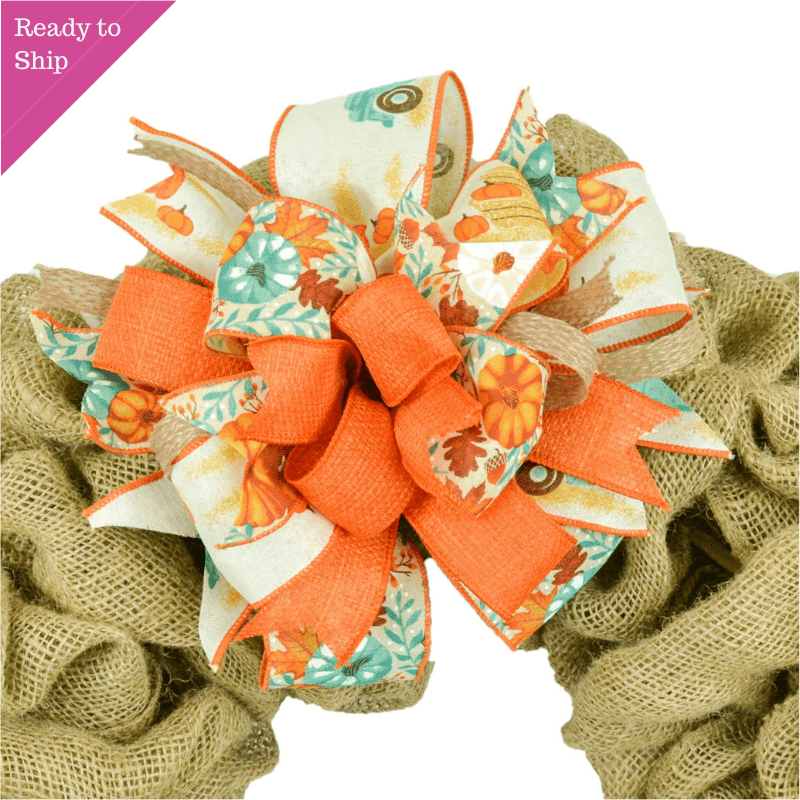 Lantern Wreath Bow - Burlap Wreath Embellishment for Making Your Own - Layered Full Handmade Farmhouse Already Made (Fall (Orange/Blue) - Pink Door Wreaths