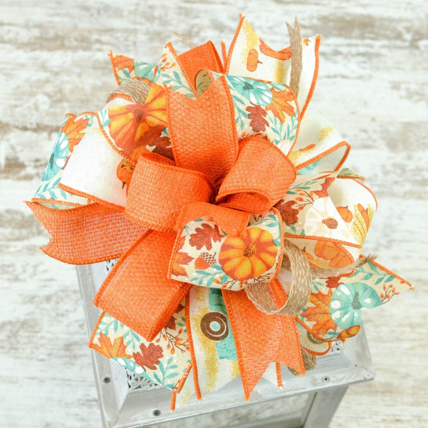 Lantern Wreath Bow - Burlap Wreath Embellishment for Making Your Own - Layered Full Handmade Farmhouse Already Made (Fall (Orange/Blue) - Pink Door Wreaths