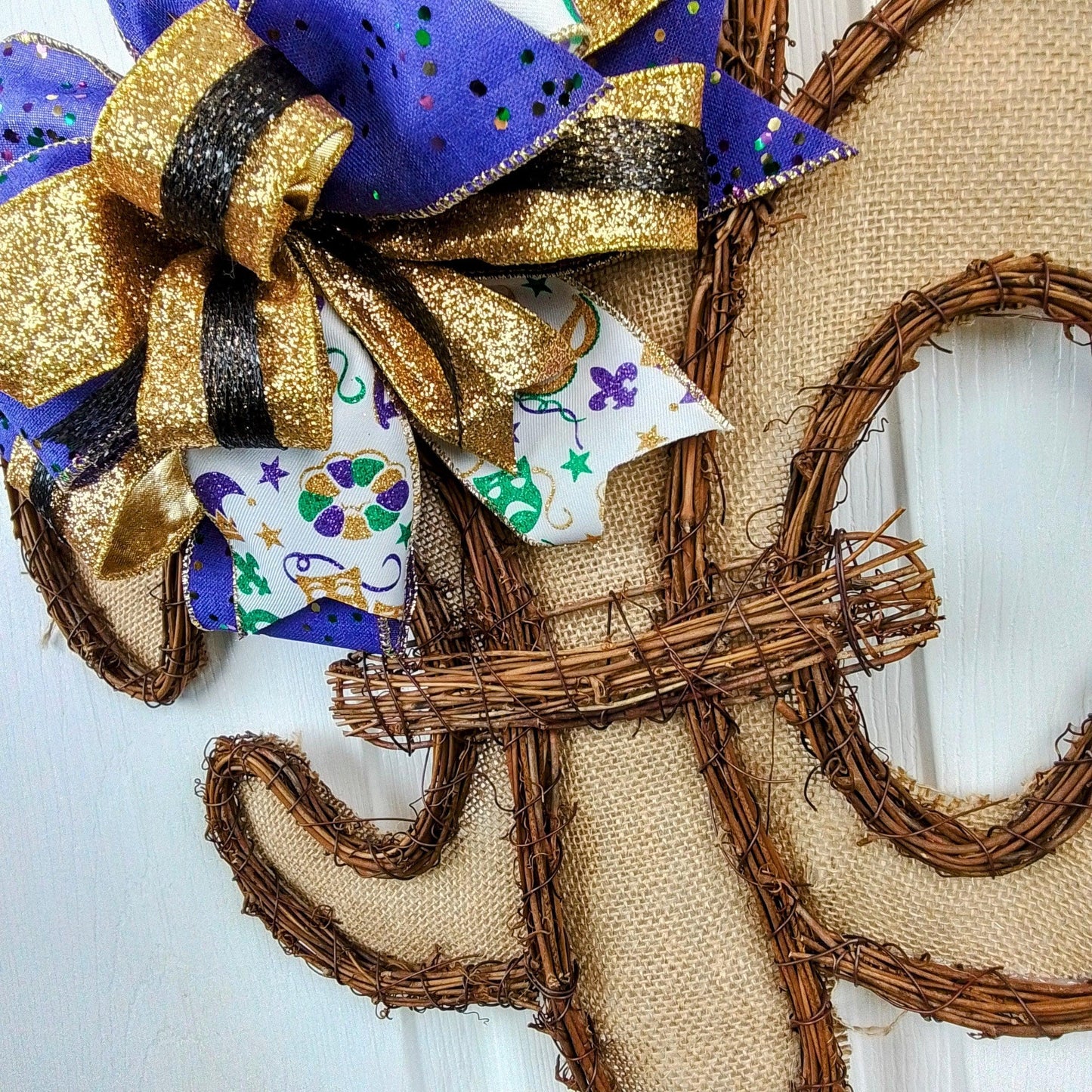 Mardi Grad Fleur de Lis Wreath - Fat Tuesday Grapevine Wreath - Mardi Gras Door Hanger Oversized Bow Sparkle Burlap Door Decor; Green White Purple Gold - Pink Door Wreaths