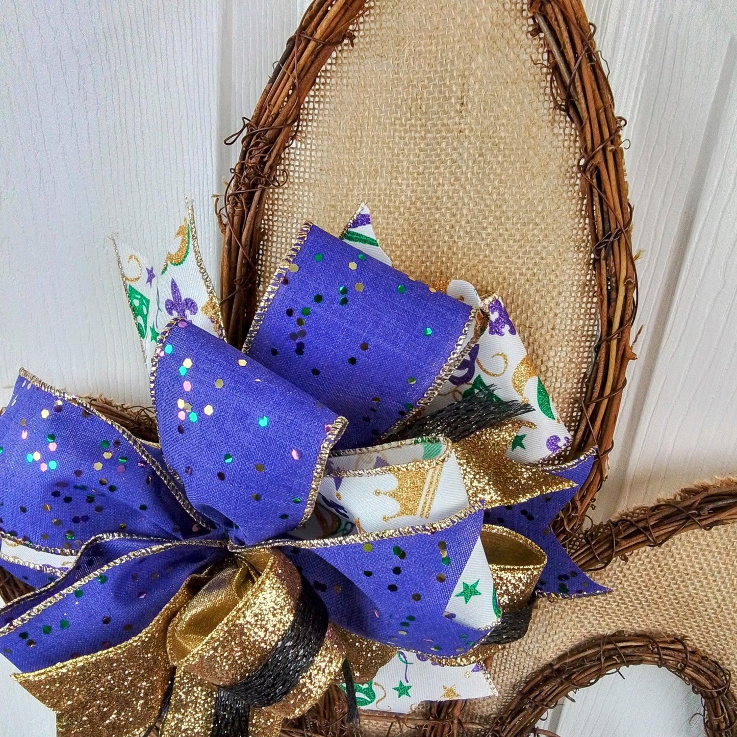 Mardi Grad Fleur de Lis Wreath - Fat Tuesday Grapevine Wreath - Mardi Gras Door Hanger Oversized Bow Sparkle Burlap Door Decor; Green White Purple Gold - Pink Door Wreaths