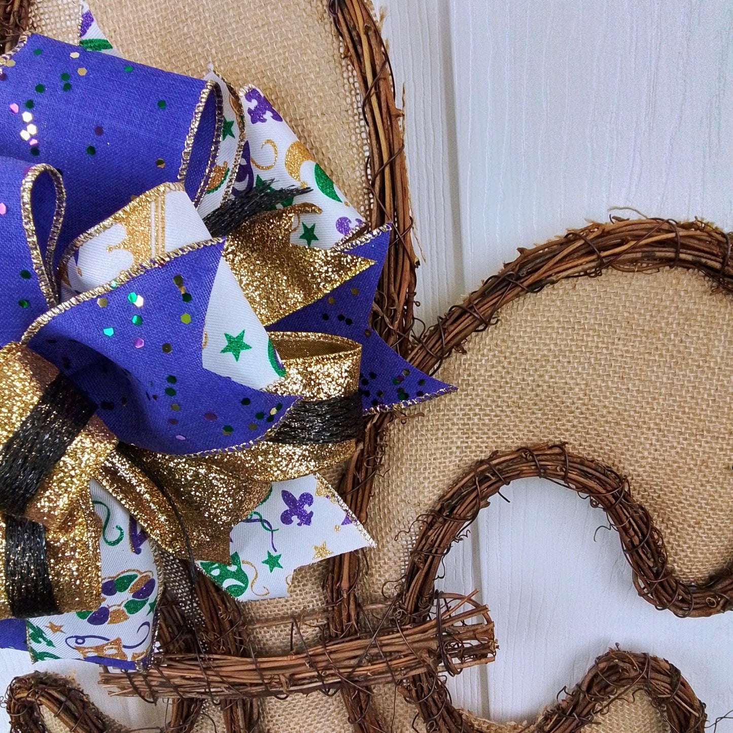 Mardi Grad Fleur de Lis Wreath - Fat Tuesday Grapevine Wreath - Mardi Gras Door Hanger Oversized Bow Sparkle Burlap Door Decor; Green White Purple Gold - Pink Door Wreaths