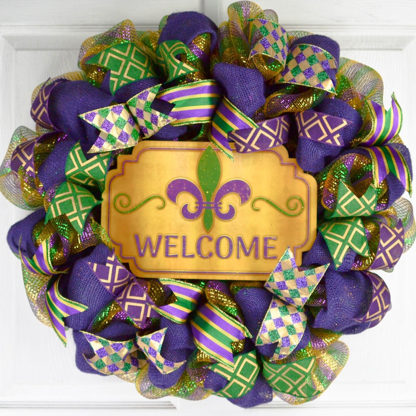 Mardi Gras Wreath - Burlap Fat Tuesday Mesh Front Door Wreath - Purple Emerald Green Gold - Pink Door Wreaths