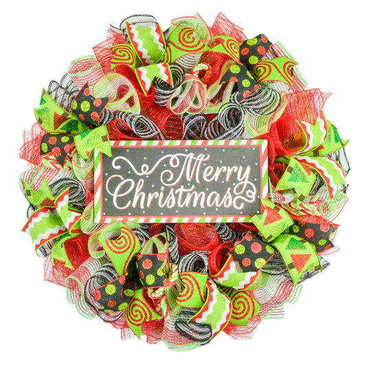 Merry Christmas Wreath - Bright Holiday Decoration Front Door Wreaths - Red Green Black Sparkle - Pink Door Wreaths