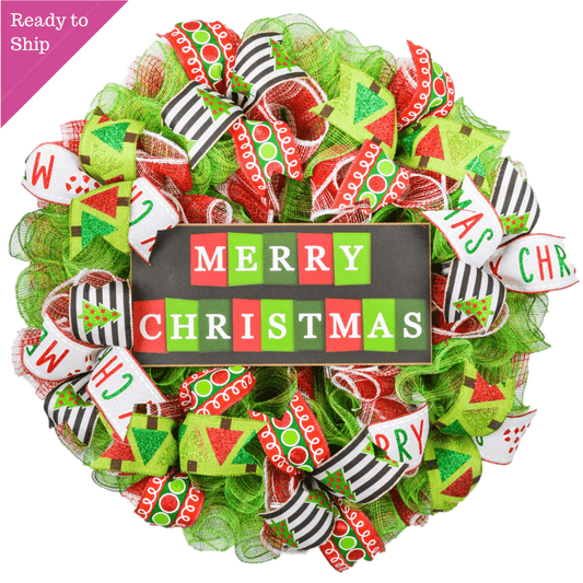 Merry Christmas Wreath - Bright Holiday Decoration Front Door Wreaths - Red Green White Sparkle - Pink Door Wreaths