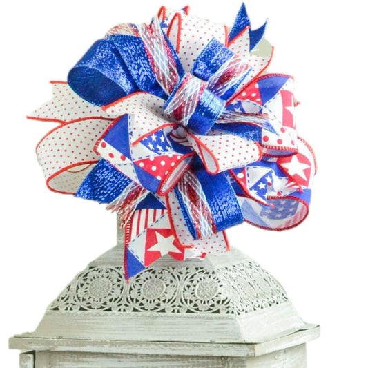 Patriotic Lantern Wreath Bow - Burlap Wreath Embellishment for Making Your Own - Layered Full Handmade Farmhouse Already Made (4th of July (Swiss Dot) - Pink Door Wreaths
