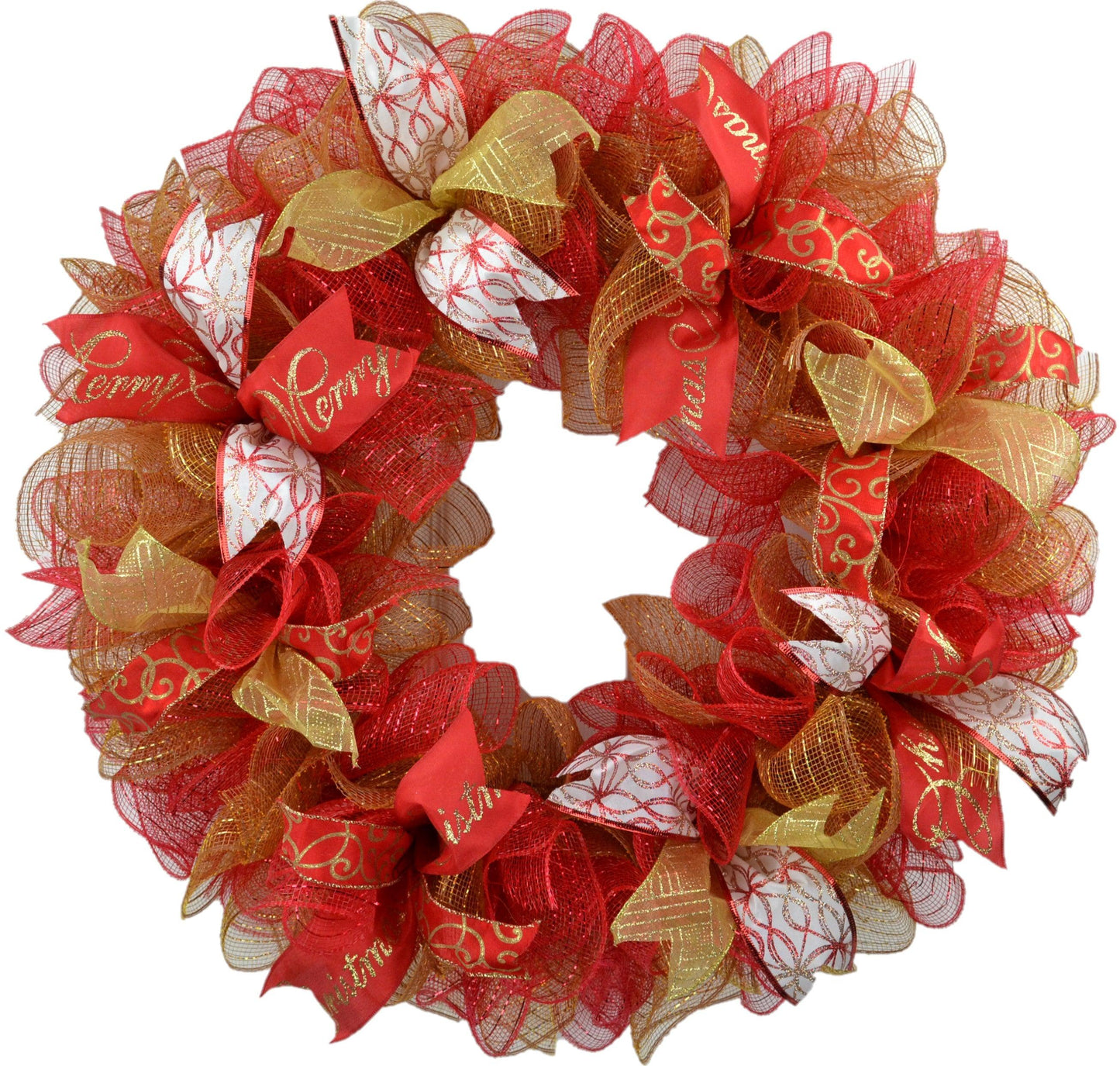 Red and Gold Mesh Christmas Front Door Wreath - Pink Door Wreaths