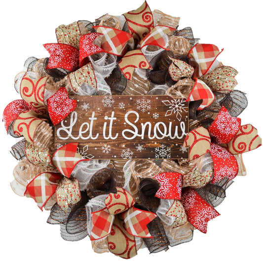 Rustic Let It Snow Wreath | Winter Christmas Mesh Front Door Wreath - Pink Door Wreaths