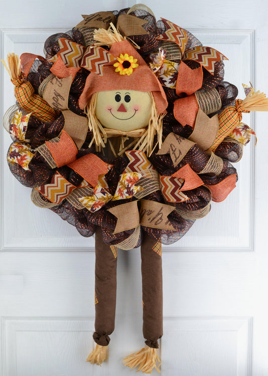 Scarecrow Wreath | Thanksgiving Deco Mesh Fall Front Door Wreath - Pink Door Wreaths