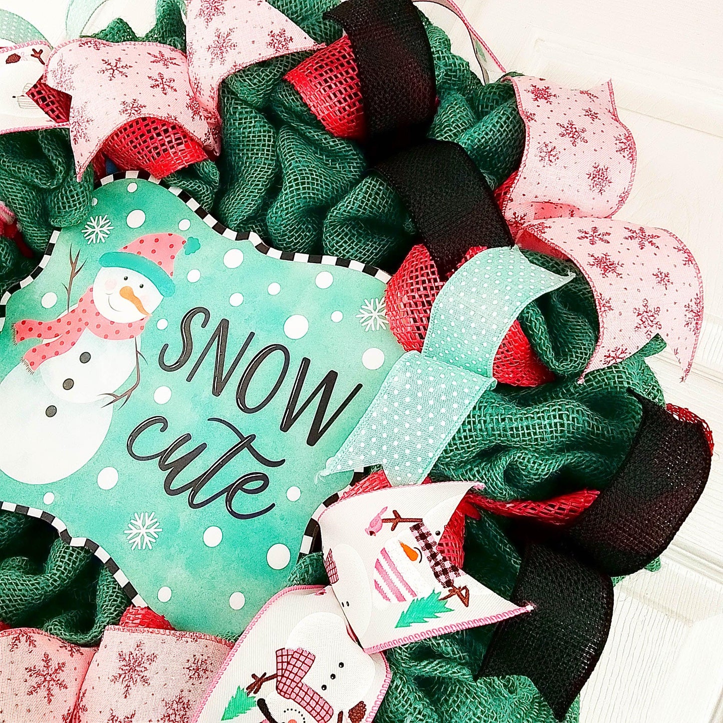 Snow Cute Snowman Wreaths - Turquoise Pink Snowflake Cold Front Door Wreath - Outdoor Christmas Decor - Winter Decor - Pink Door Wreaths