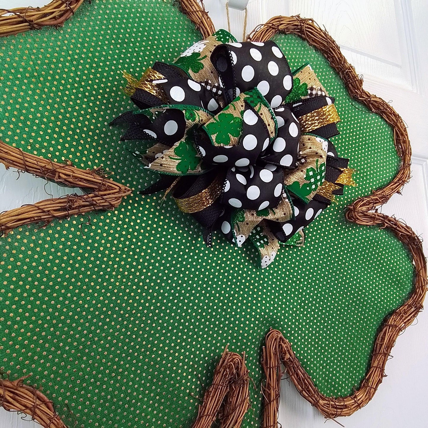 St Patricks Day Clover Wreath - Shamrock Grapevine Wreath - St. Patrick's Day Door Hanger Oversized Bow Polka Dot Burlap Door Decor; Green White Black - Pink Door Wreaths