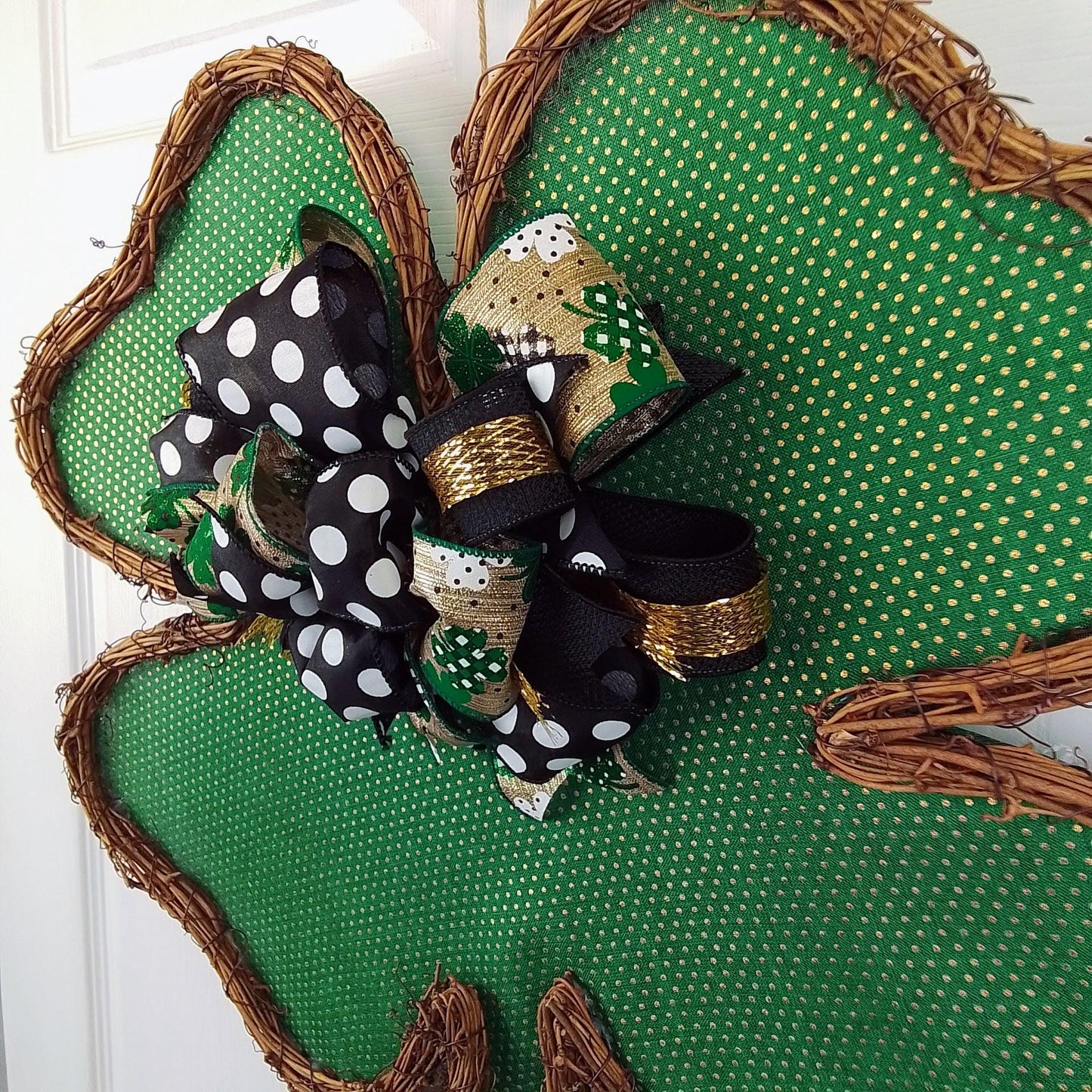 St Patricks Day Clover Wreath - Shamrock Grapevine Wreath - St. Patrick's Day Door Hanger Oversized Bow Polka Dot Burlap Door Decor; Green White Black - Pink Door Wreaths