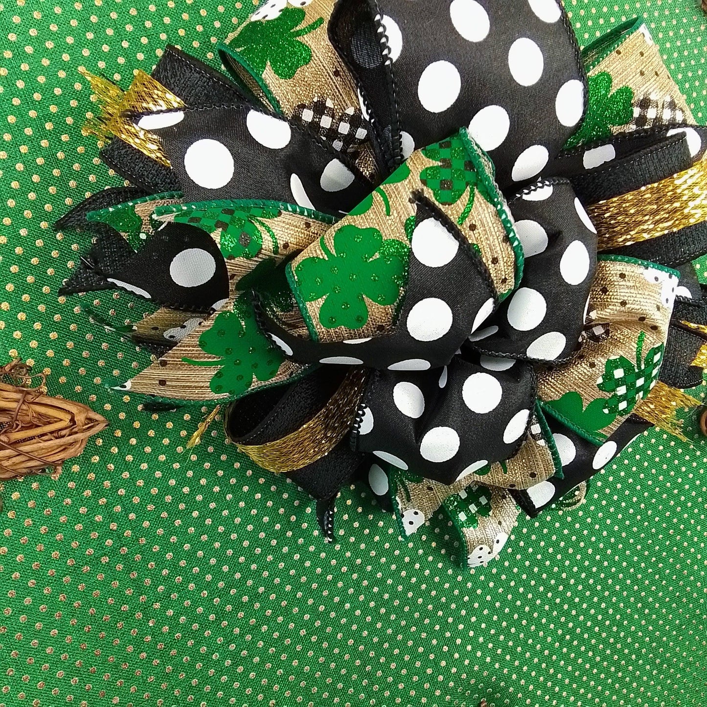 St Patricks Day Clover Wreath - Shamrock Grapevine Wreath - St. Patrick's Day Door Hanger Oversized Bow Polka Dot Burlap Door Decor; Green White Black - Pink Door Wreaths