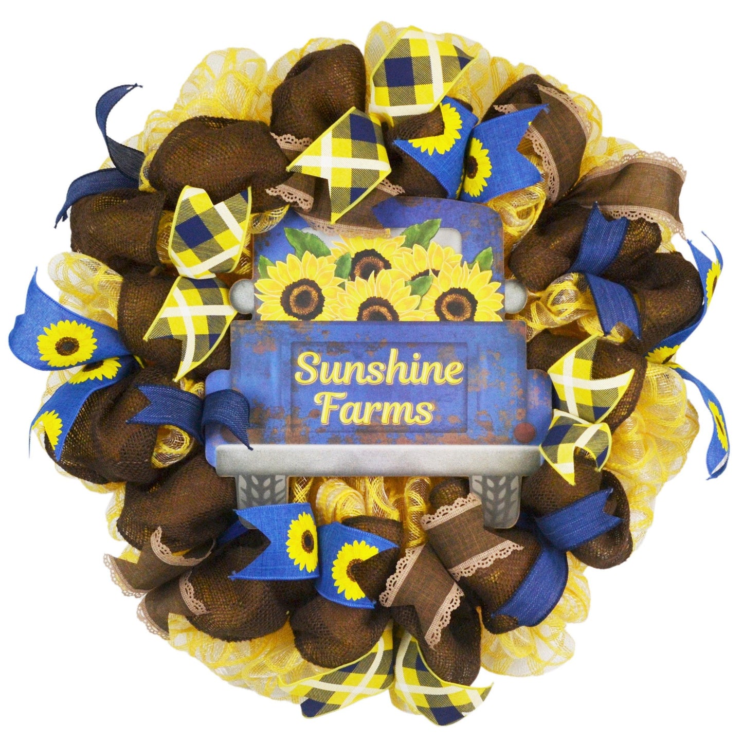 Sunshine Farms Wreath - Sunflower Farm Truck Thanksgiving Front Door Wreath - Brown Navy Burlap Yellow - Pink Door Wreaths