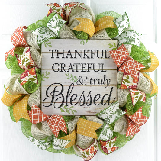 Thankful Grateful Wreath - Blessed Thanksgiving Deco Mesh Front Door Wreath - Pink Door Wreaths