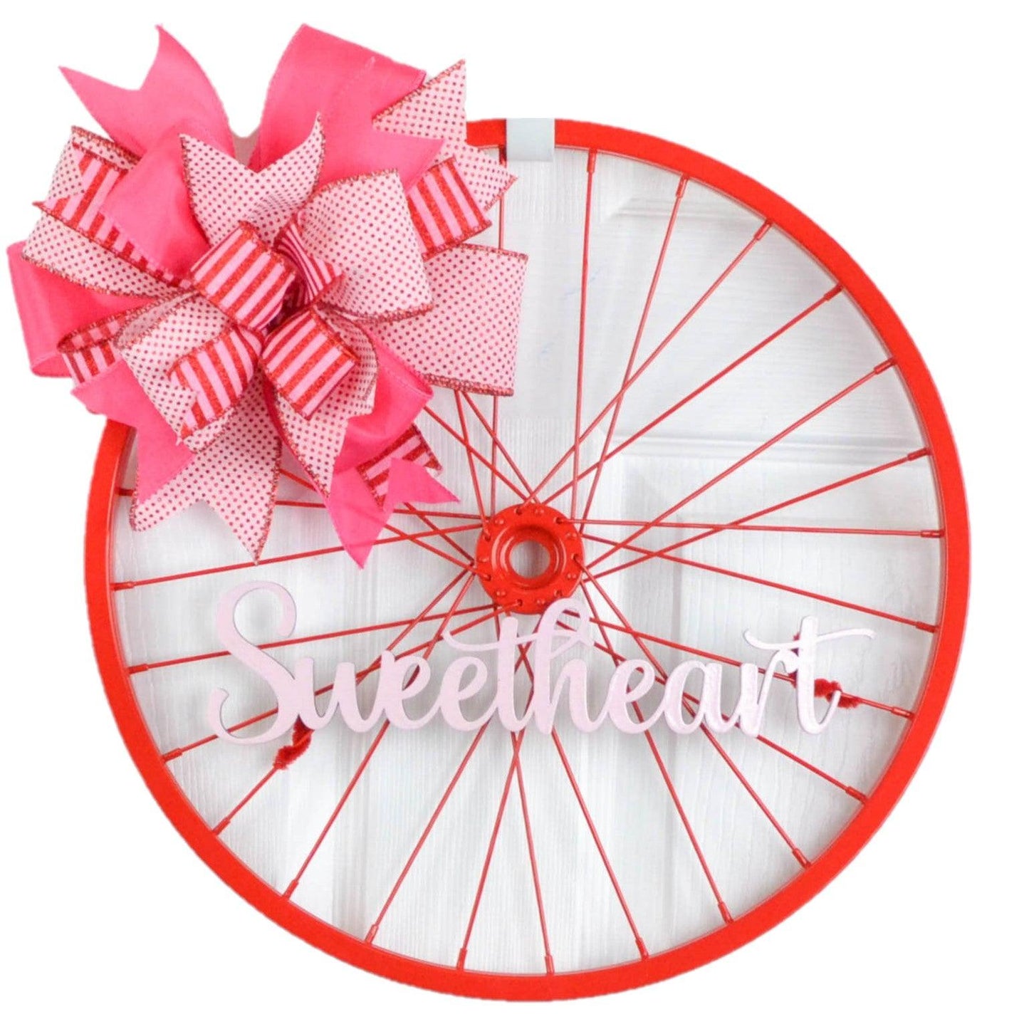 Valentines Bike Rim Door Hanger - Farmhouse Round Front Porch Decor - White Pink Red (Sweetheart) - Pink Door Wreaths