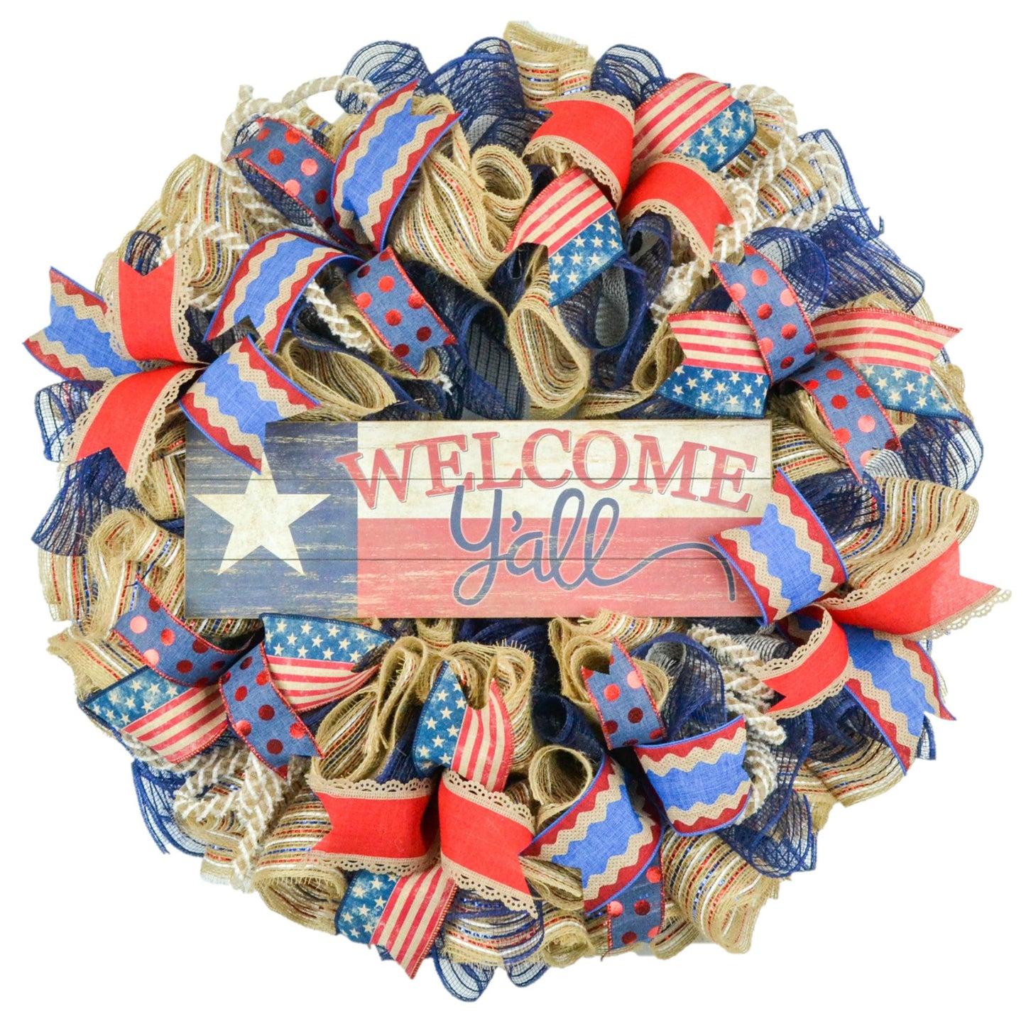 Welcome Y'all Texas Fourth of July Mesh Door Wreath - Independence Day Burlap Red White Navy Blue White - Pink Door Wreaths