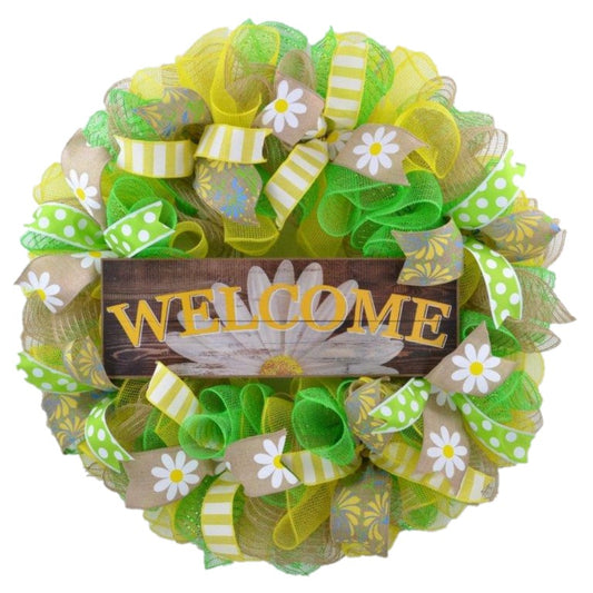 Handmade Daisy Welcome Wreath – Spring & Summer Front Door Decor in Lime Green, Yellow, & White