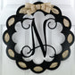 Letter N : Black and Burlap Scalloped Monogram door hanger