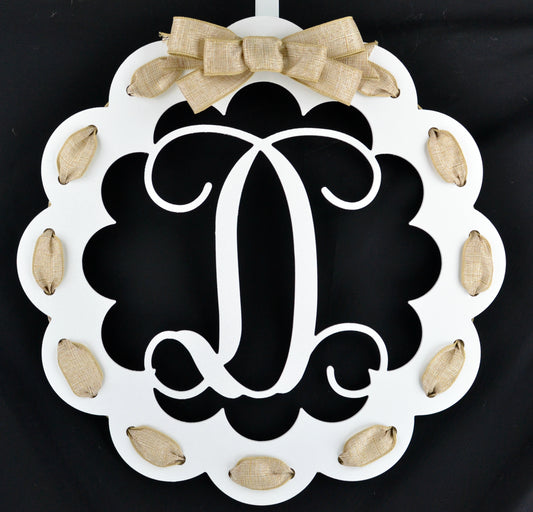 Letter D : White and Burlap Scalloped Monogram door hanger