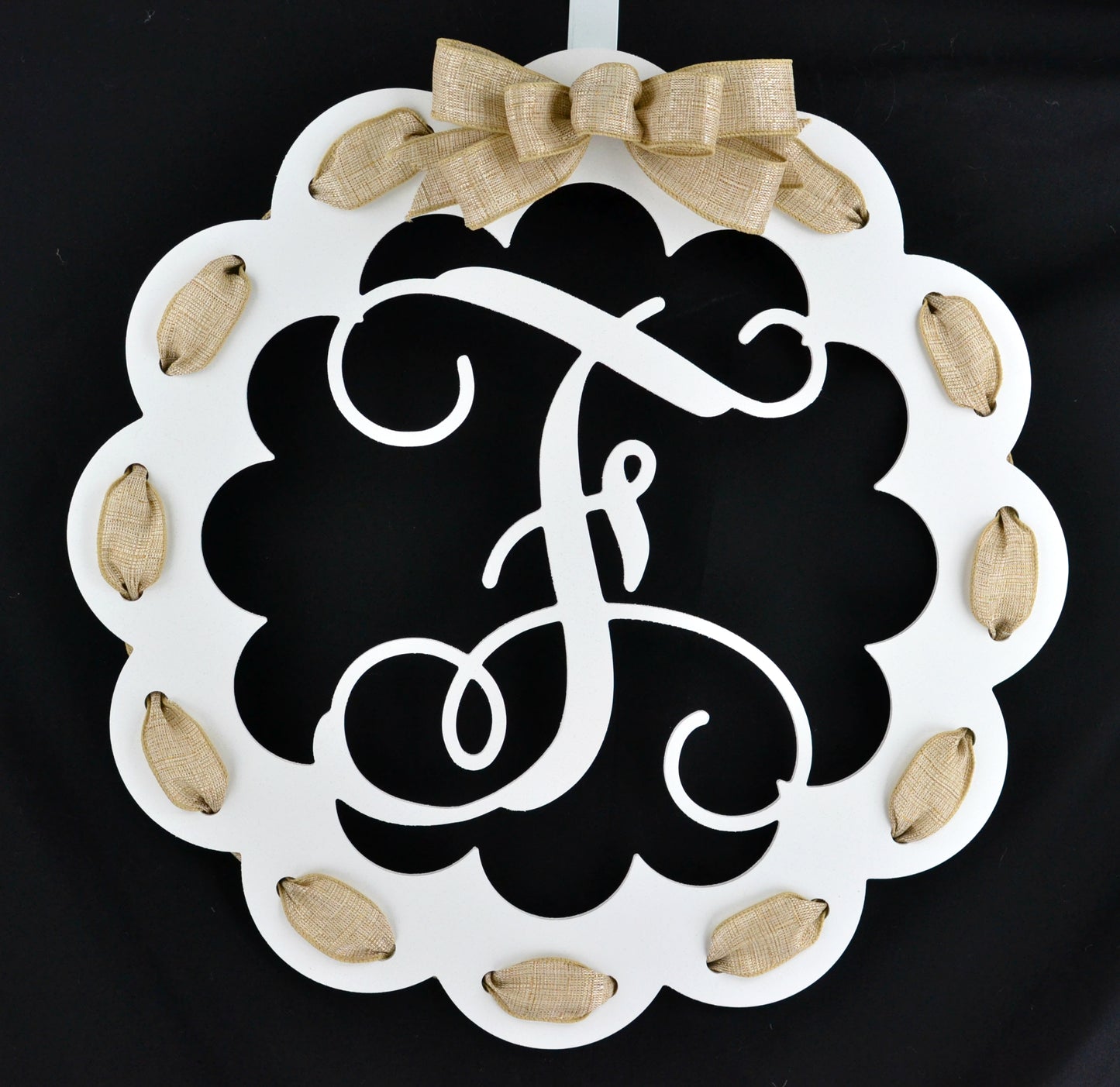 Letter F : White and Burlap Scalloped Monogram door hanger