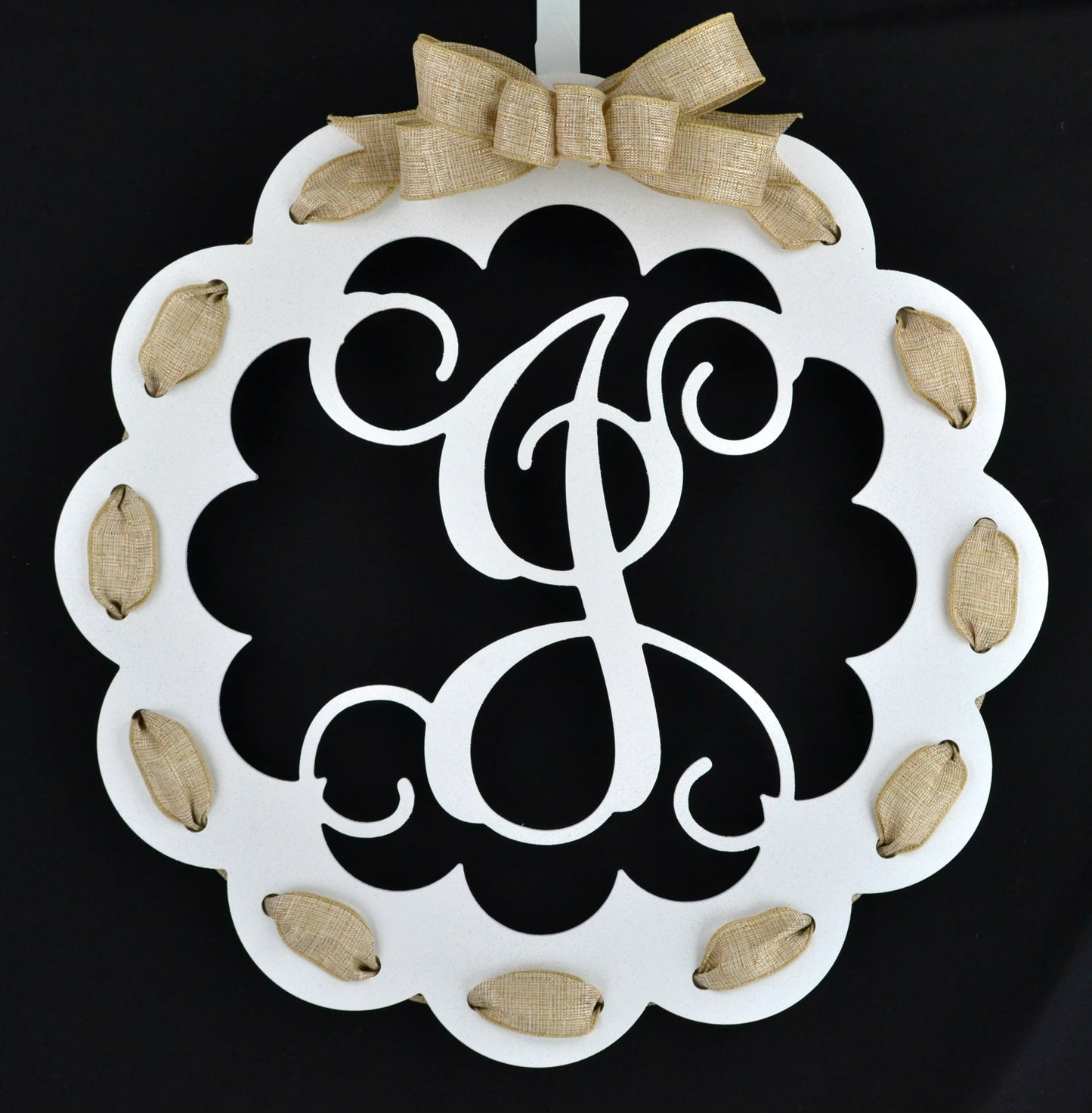 Letter J : White and Burlap Scalloped Monogram door hanger