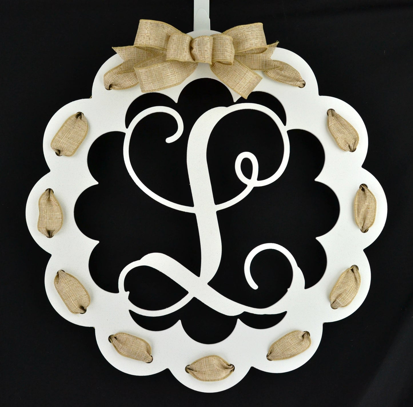 Letter L : White and Burlap Scalloped Monogram door hanger