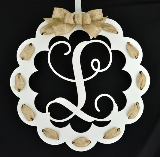 Letter L : White and Burlap Scalloped Monogram door hanger