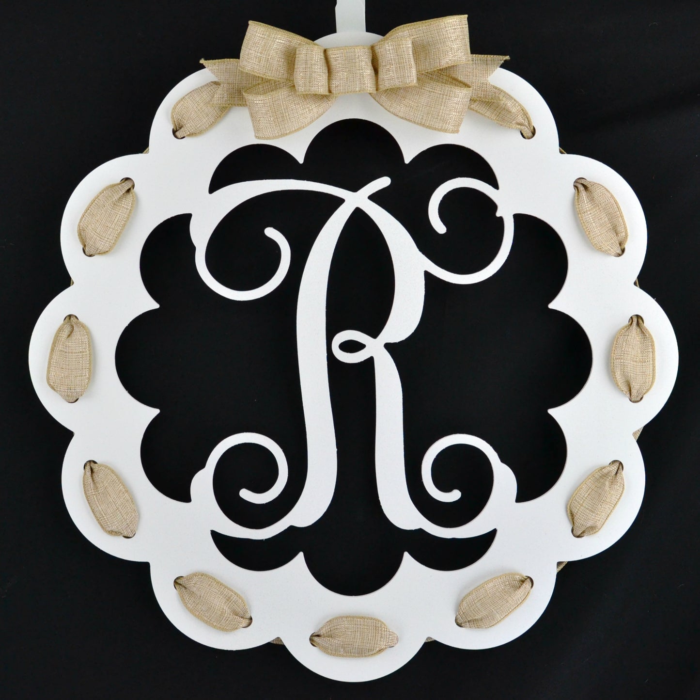 White and Burlap Scalloped Monogram door hanger
