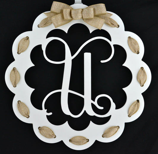 Letter U : White and Burlap Scalloped Monogram door hanger