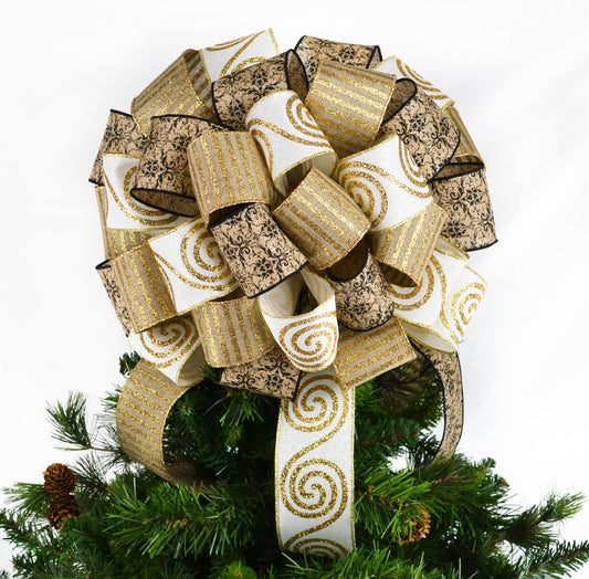Bows for Christmas Trees - Gold Ivory Black and Burlap Bow - Tree Bow