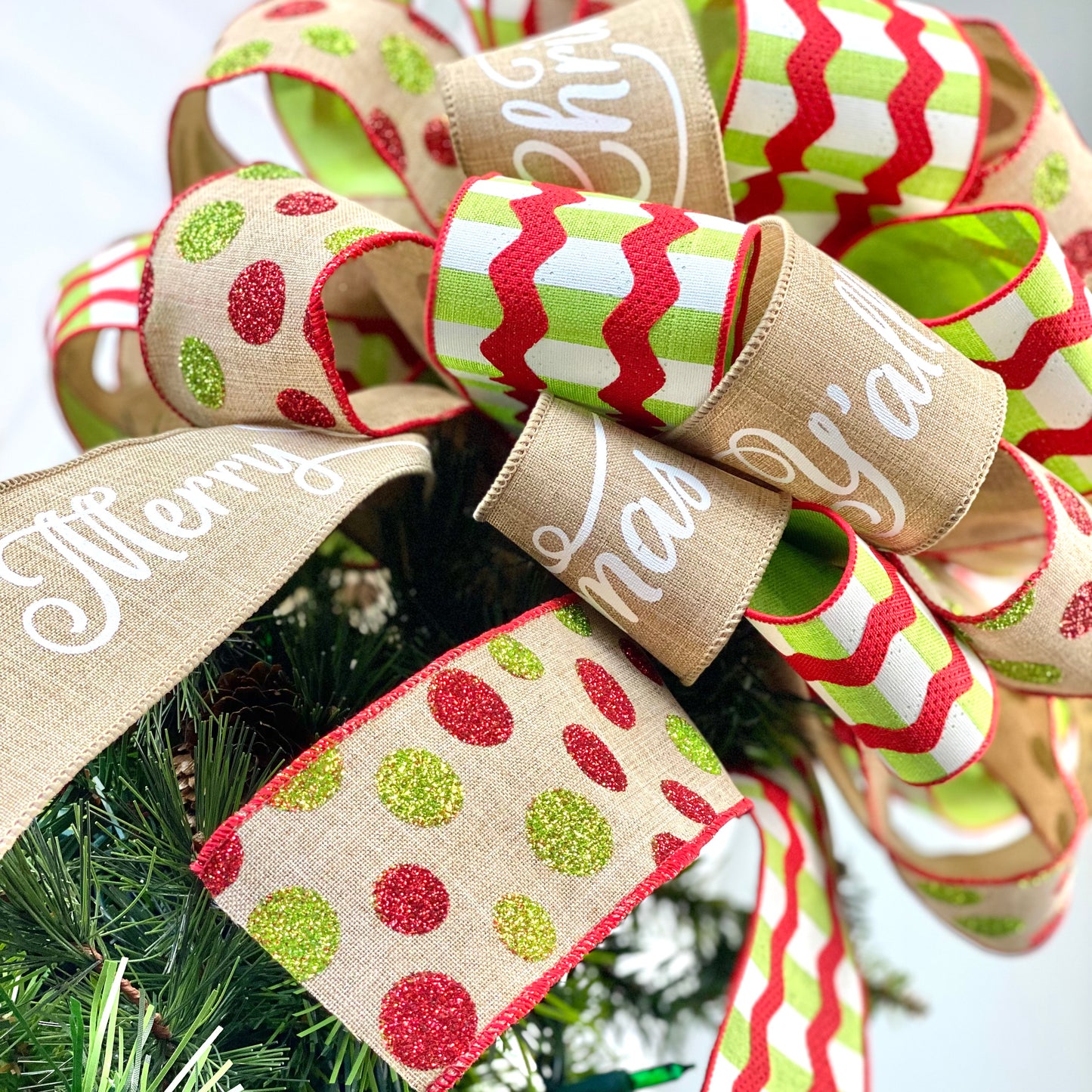 Christmas Tree Bow with Tails | Red Lime Green Burlap | Large Present Bow