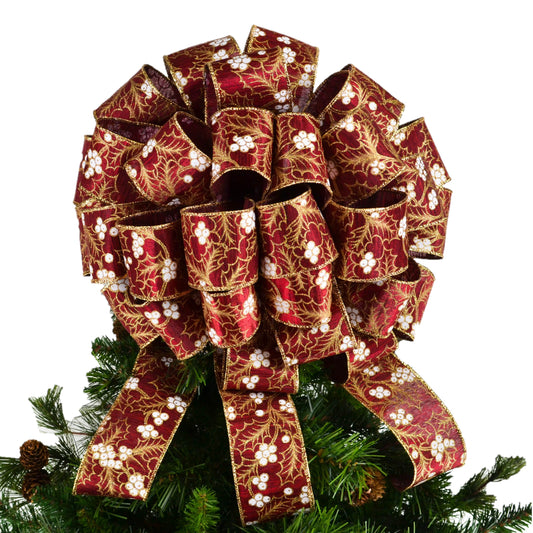 Burgundy and Gold Christmas Tree Bows - Tree Topper Bow with Streamers
