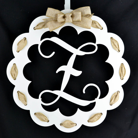 Letter Z : White and Burlap Scalloped Monogram door hanger