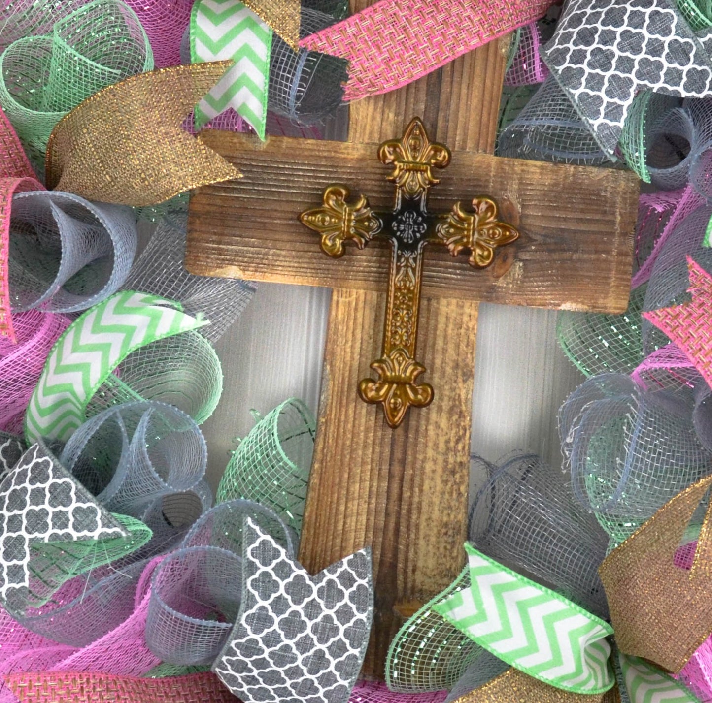 Pastel Cross Door Wreath | Everyday Year Round Mesh | Mint Pink Grey Brown