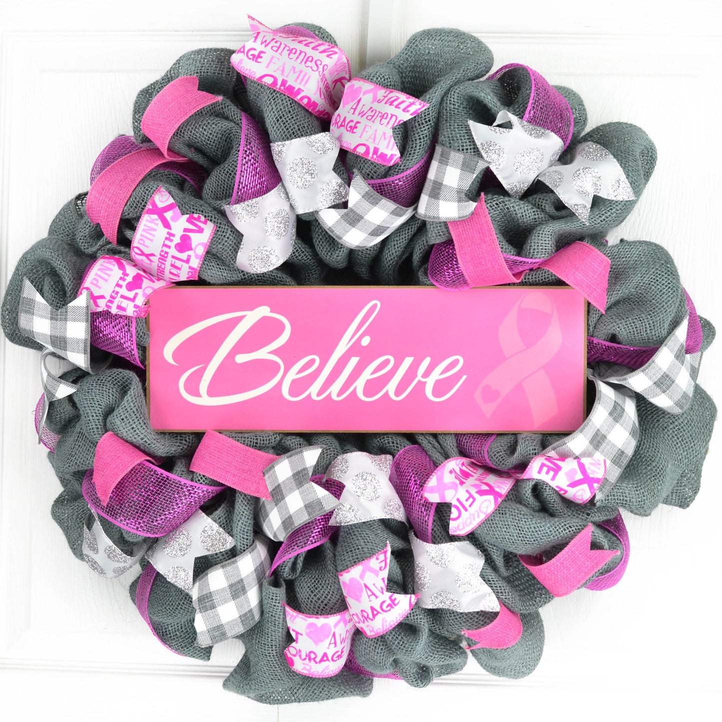 Breast Cancer Survivor Wreath | Grey Burlap Wreath | Cancer Awareness Survivor Gift