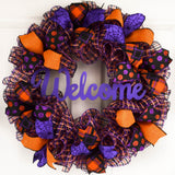 Welcome Halloween Door Wreaths | Orange Black Purple Mesh Wreath