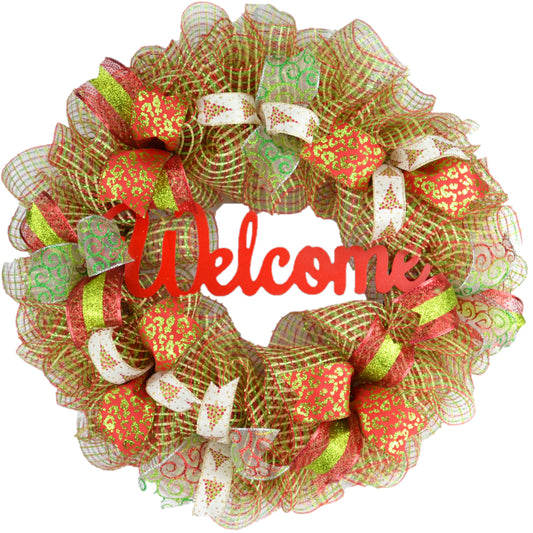 Welcome Merry Christmas Wreath | Mesh Christmas Outdoor Front Door Wreath | Red Jute Green Burlap